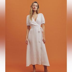 Reformation White Wrap Midi Dress with Puff Sleeves